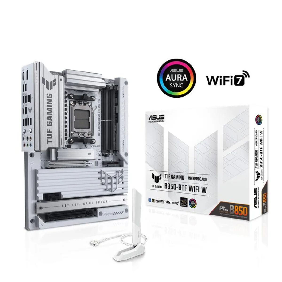 ATX motherboard in white finish with hidden rear connectors and metal heatsinks