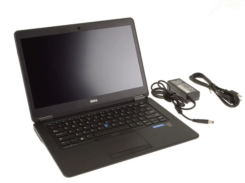 Black Dell business laptop, 14 inch screen, light wear on lid and keys