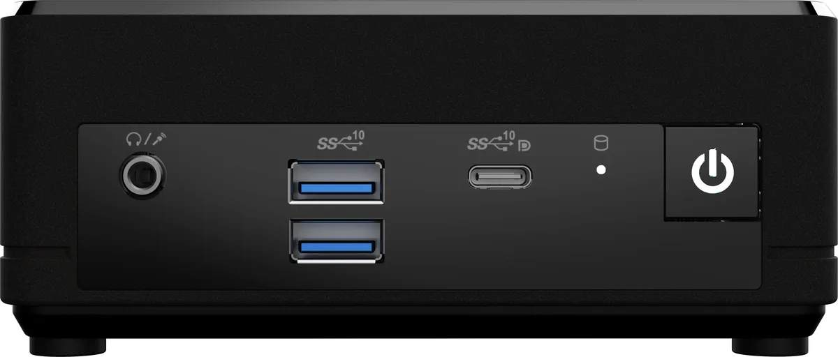 Small black barebone mini PC, cube-shaped, no RAM or storage installed