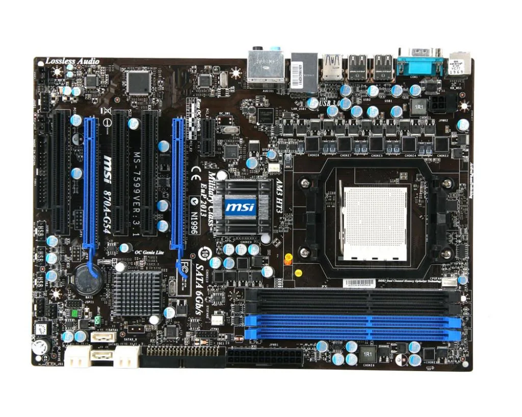 ATX motherboard with AM3 socket and DDR3 slots, black PCB with blue accents