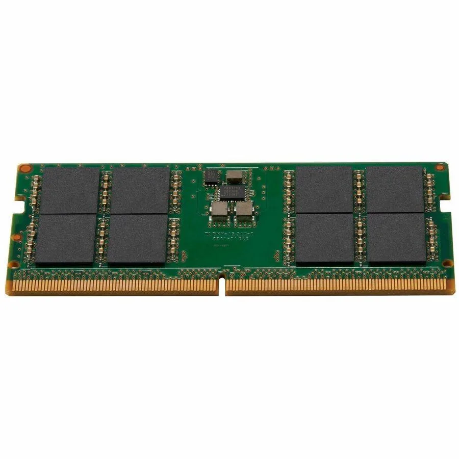 Green rectangular memory module with gold contacts and black chips
