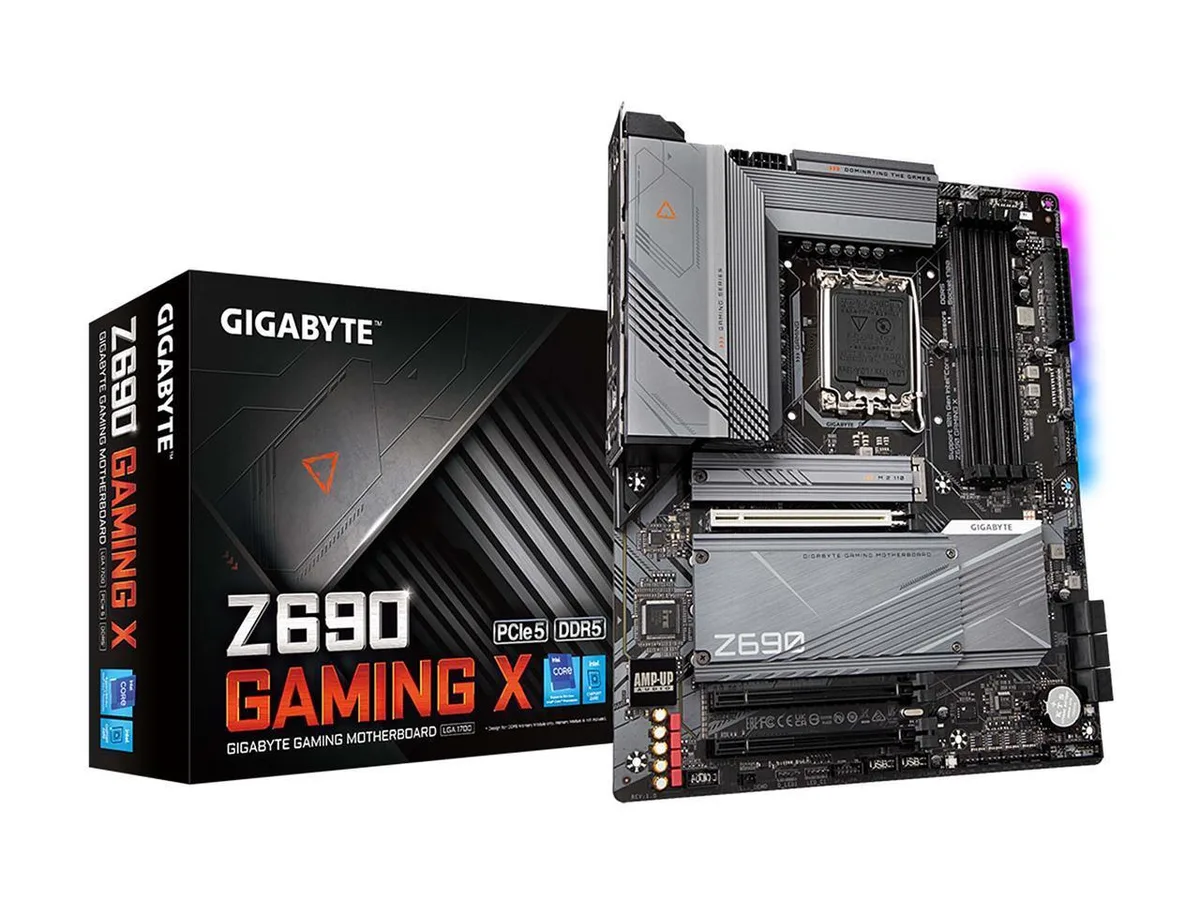 Black rectangular ATX motherboard with silver heatsinks and LGA 1700 socket