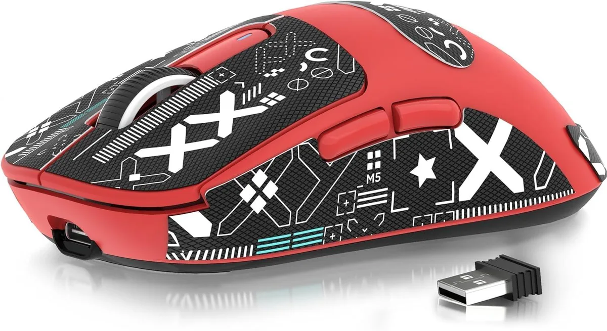 Black lightweight wireless gaming mouse with symmetrical ergonomic shape and 16 programmable buttons
