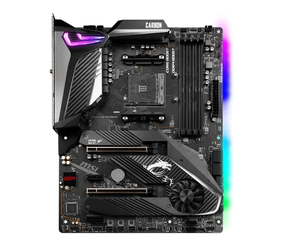 Black ATX motherboard with carbon-fibre pattern heatsinks and rear I/O shield
