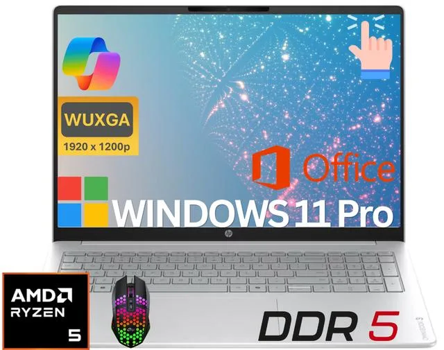 Silver 16 inch laptop with touchscreen display and LED mouse