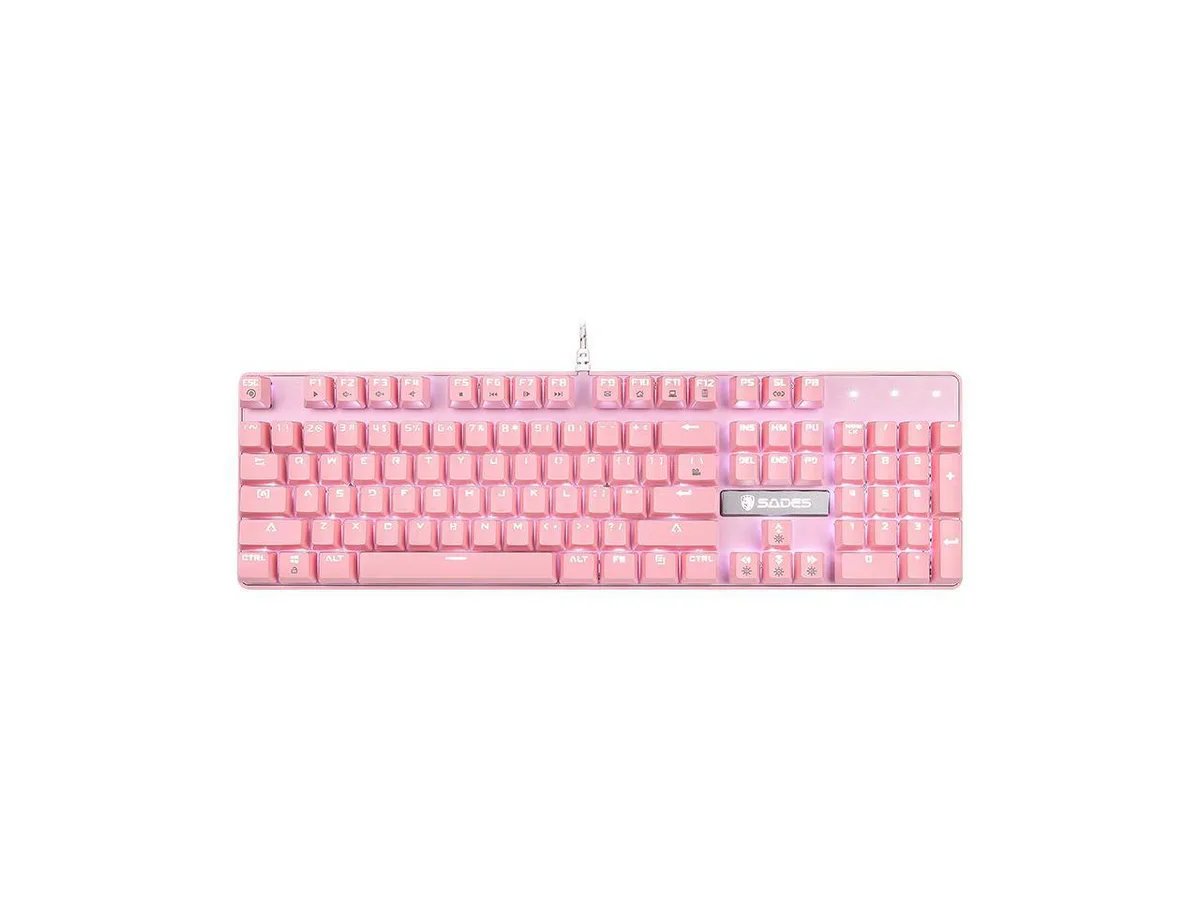Pink full-size mechanical gaming keyboard with 104 blue-switch keys and white backlighting