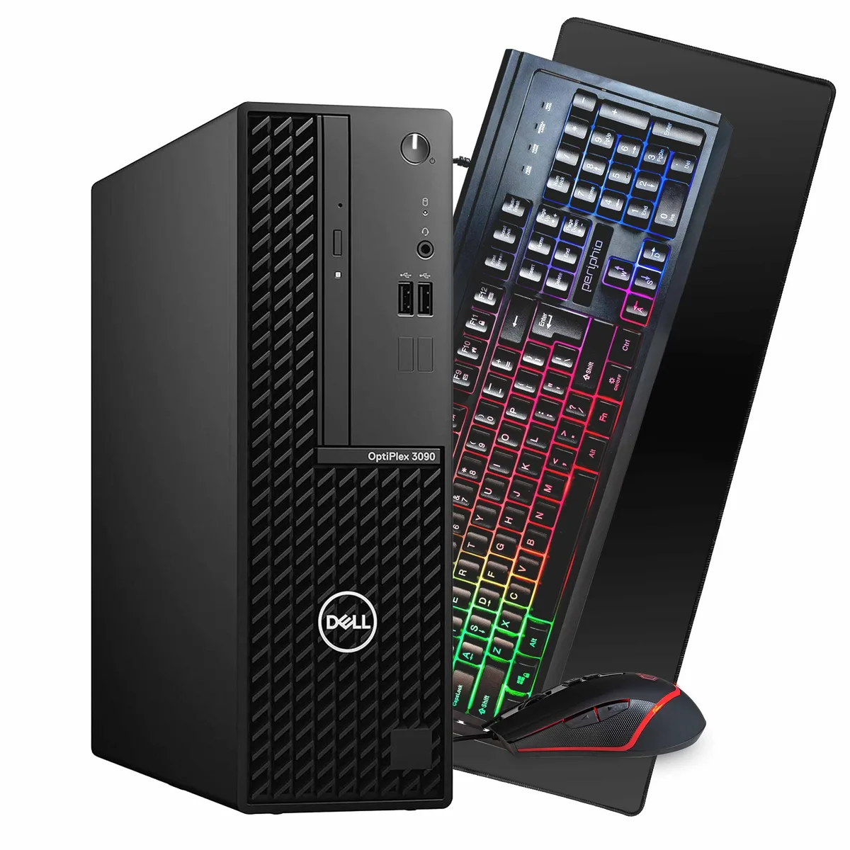 Black Dell OptiPlex 3090 desktop tower with keyboard and mouse