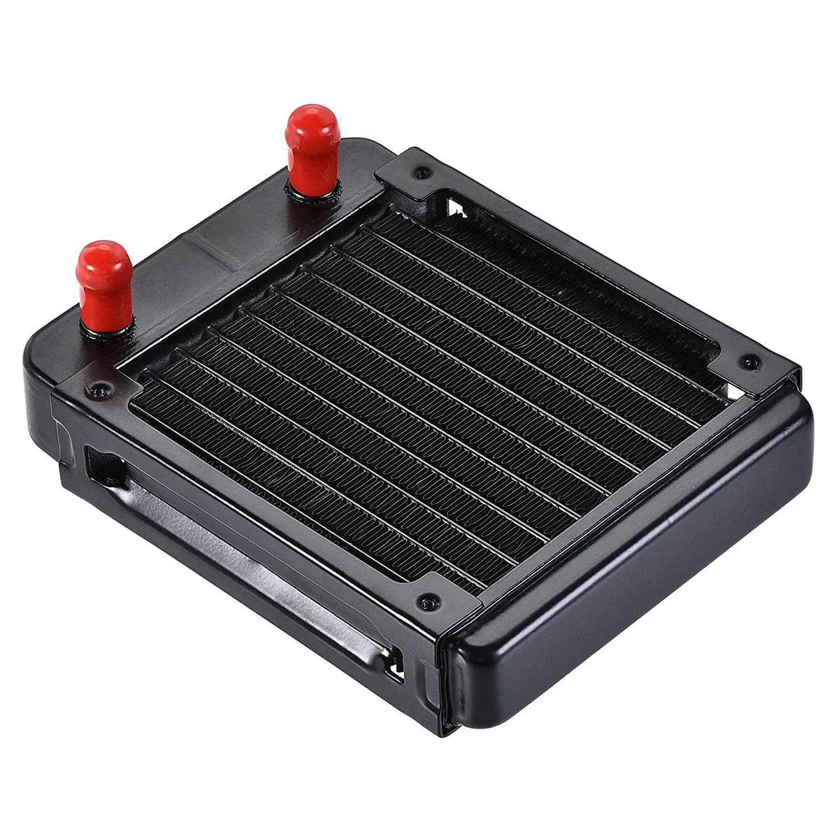 Rectangular aluminium radiator with ten parallel tubes and two offset nozzles