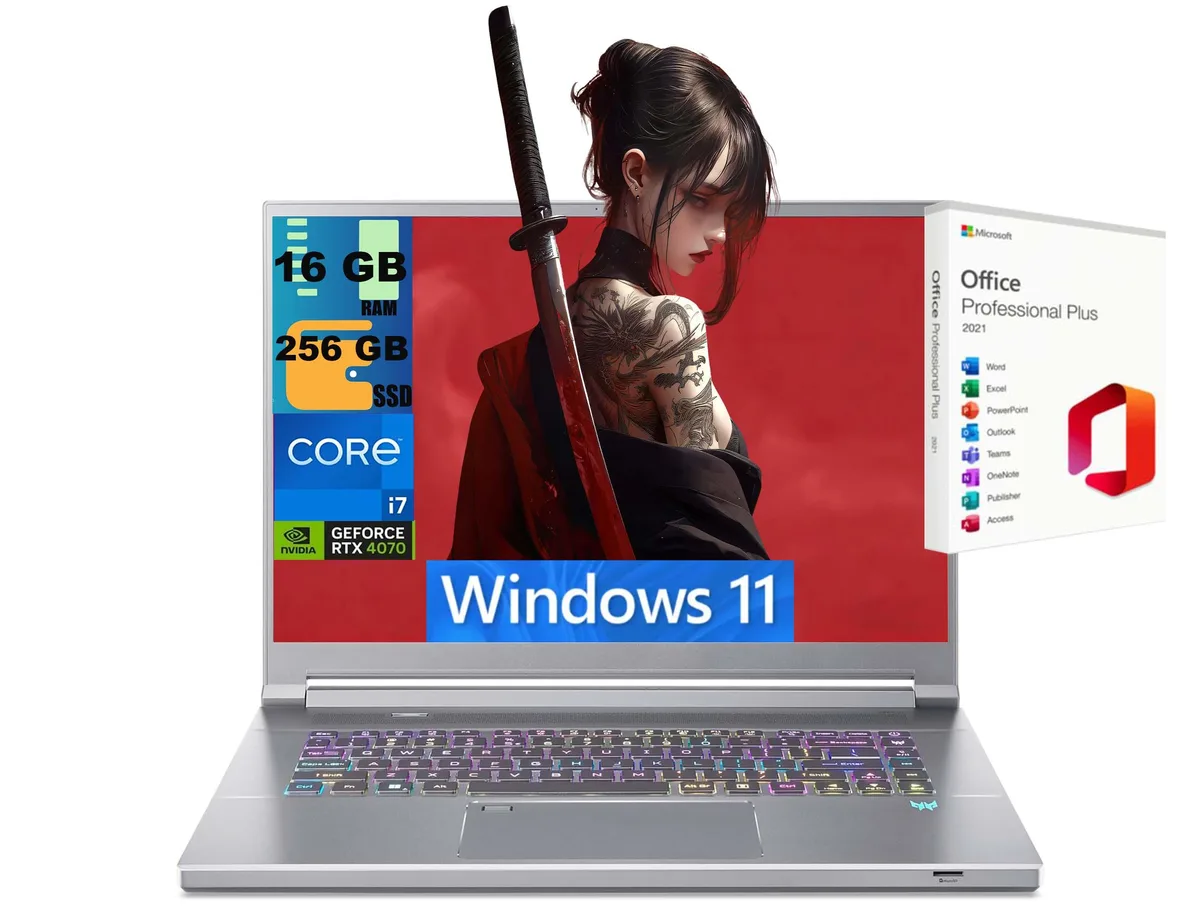 Silver 16-inch gaming laptop with thin bezels and per-key RGB keyboard