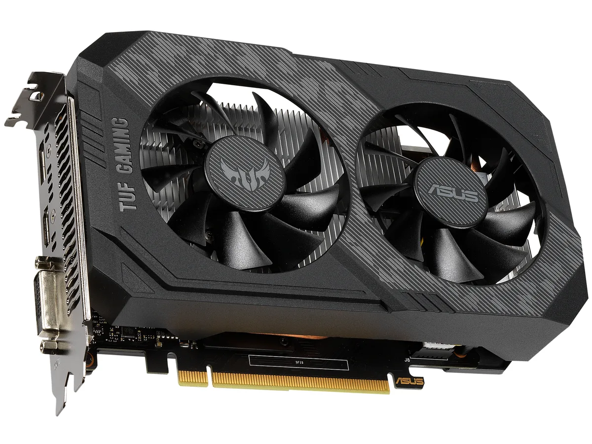 ASUS TUF Gaming GTX 1650 dual-fan graphics card, matte black shroud with grey accents, metal backplate, DVI HDMI DisplayPort outputs