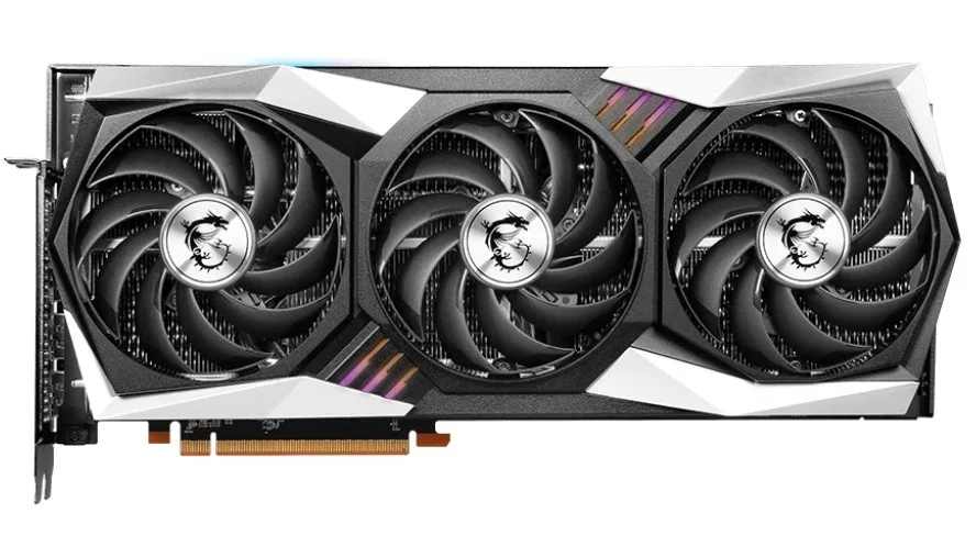 Large black graphics card with three axial fans and a brushed metal backplate