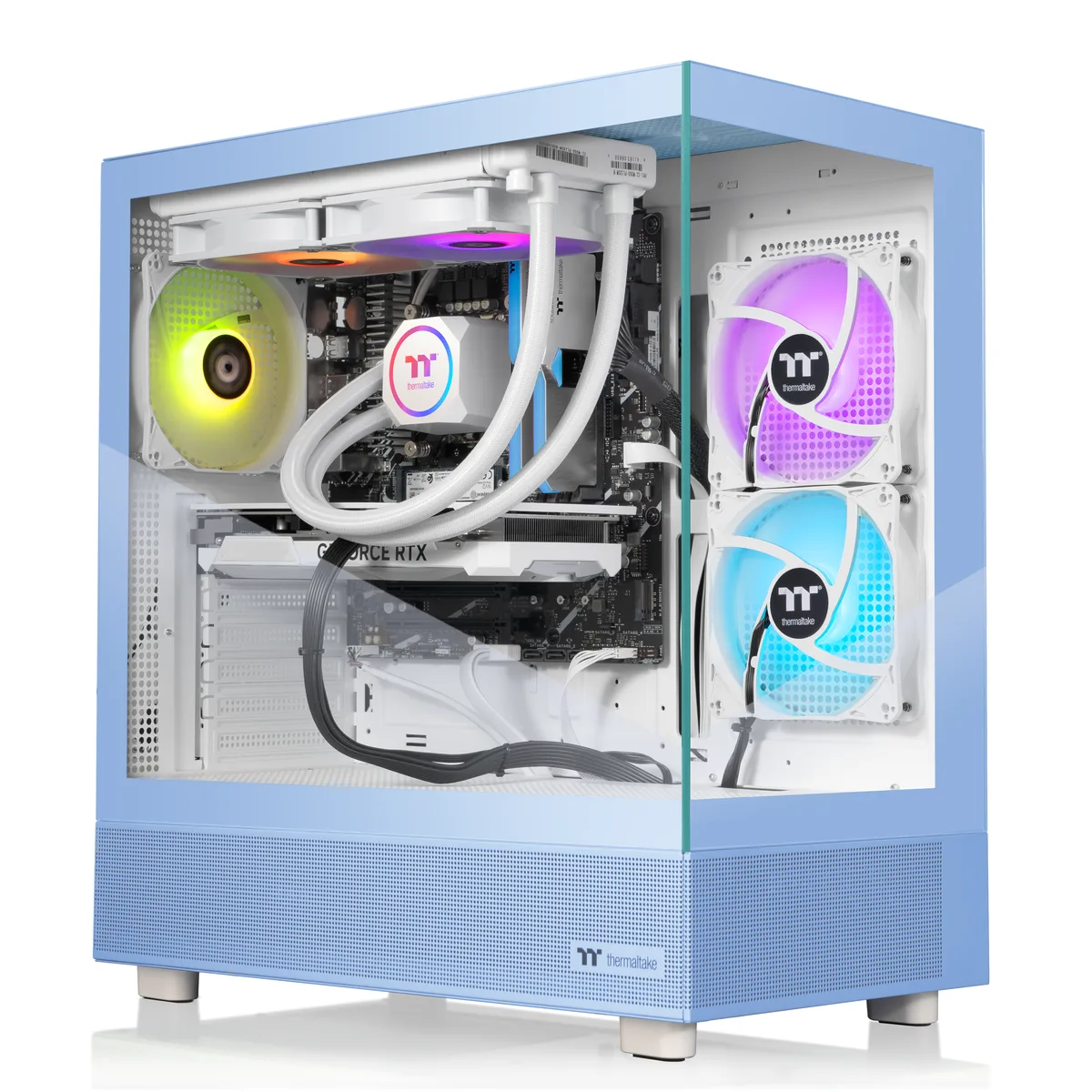 Blue mid-tower gaming PC with glass side panel and ARGB liquid cooler visible inside