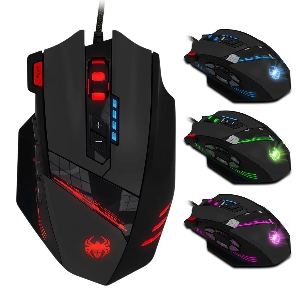 Black right-handed wired gaming mouse with 12 buttons and adjustable weights