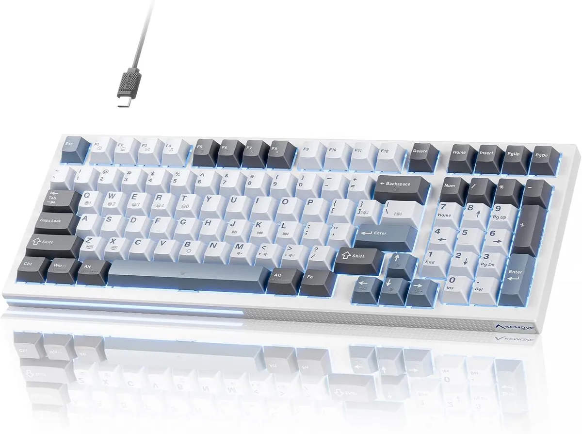 Compact 96% 98-key mechanical keyboard with blue LED backlight and side light strip