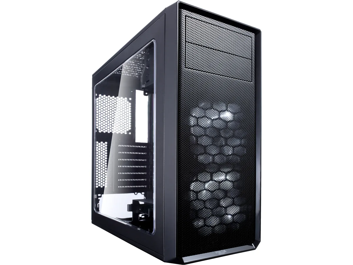 Black steel mid-tower case with mesh front panel, acrylic side window and two white LED front fans