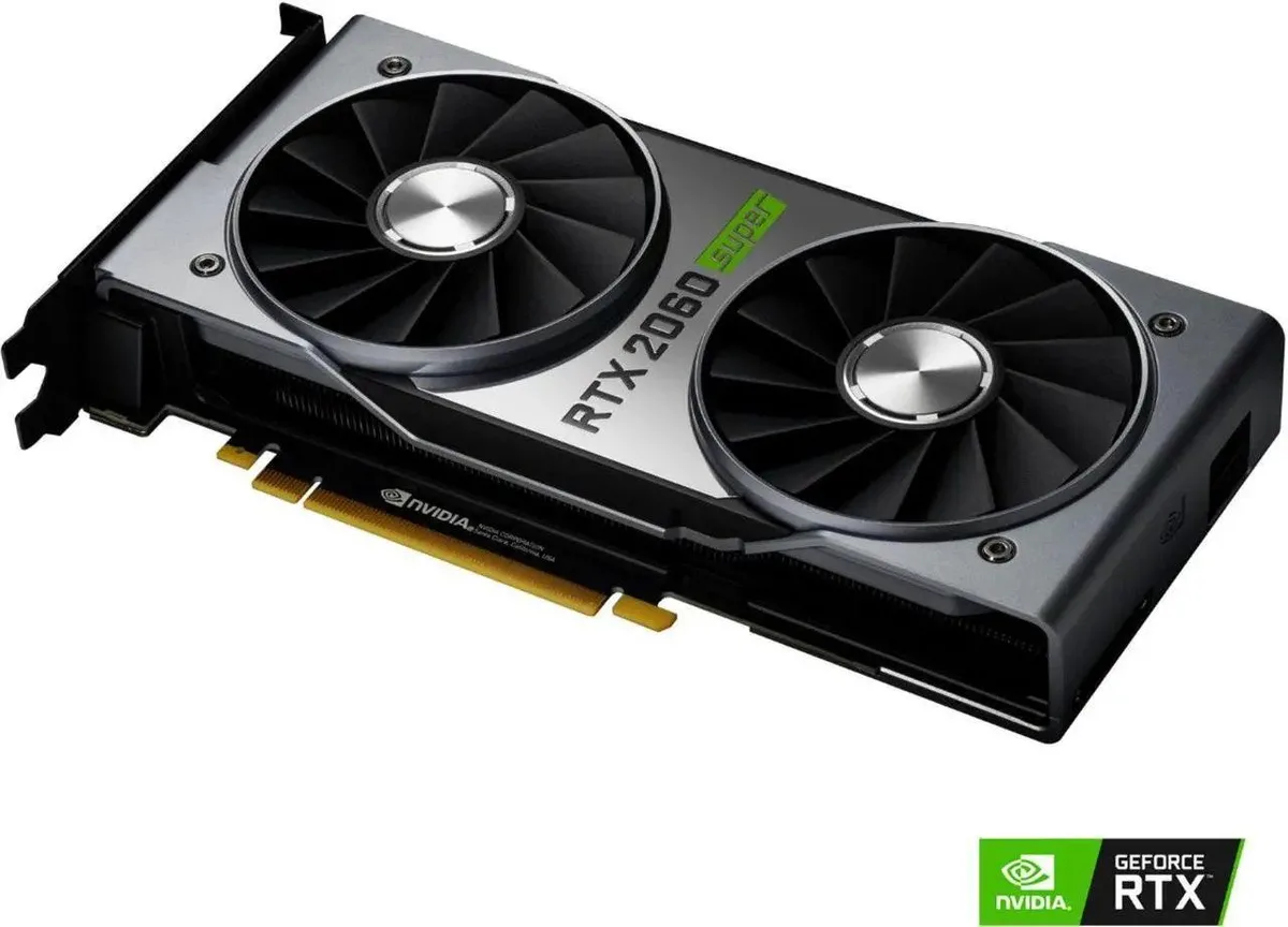 Silver dual-fan graphics card with aluminum shroud, compact Founders Edition design