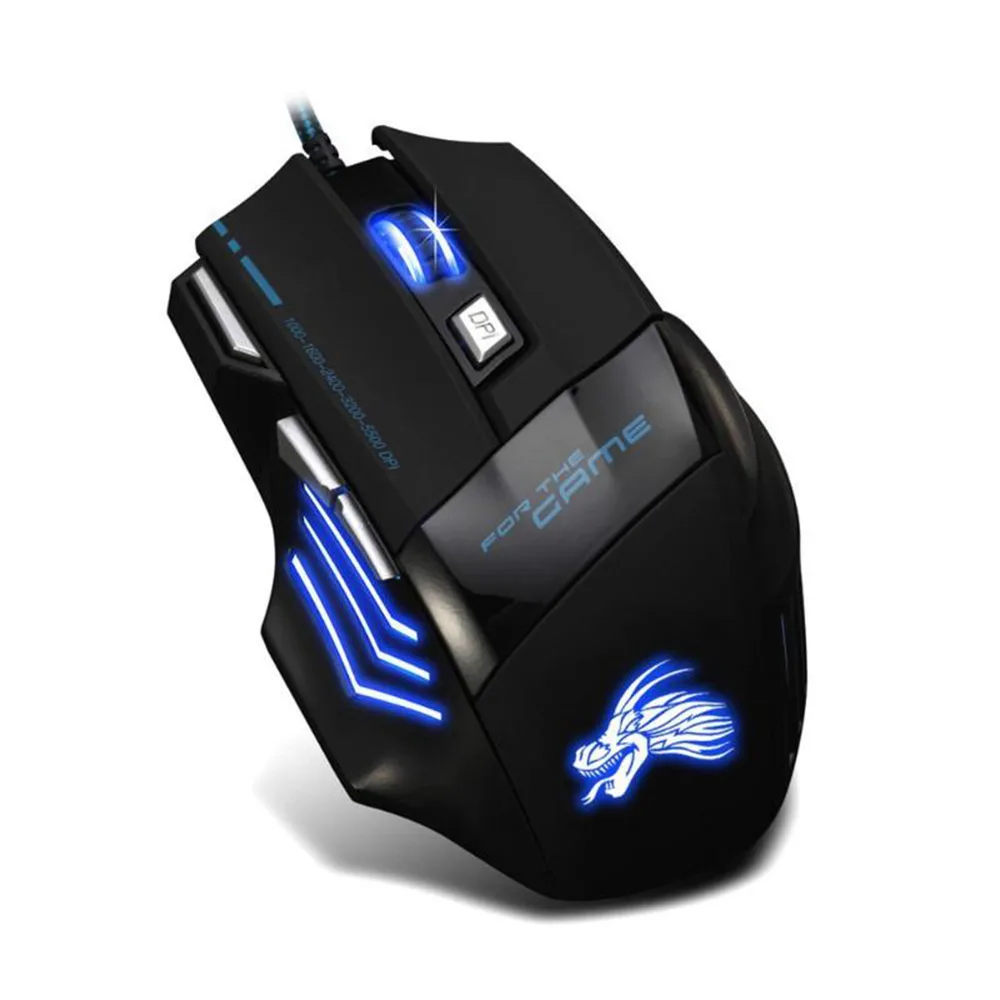Black wired gaming mouse with LED lighting, ergonomic shape and seven buttons