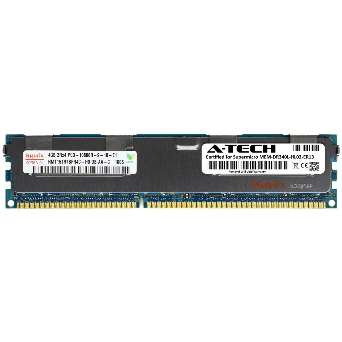 Green 240-pin DDR3 RDIMM module with black memory chips and a white label sticker