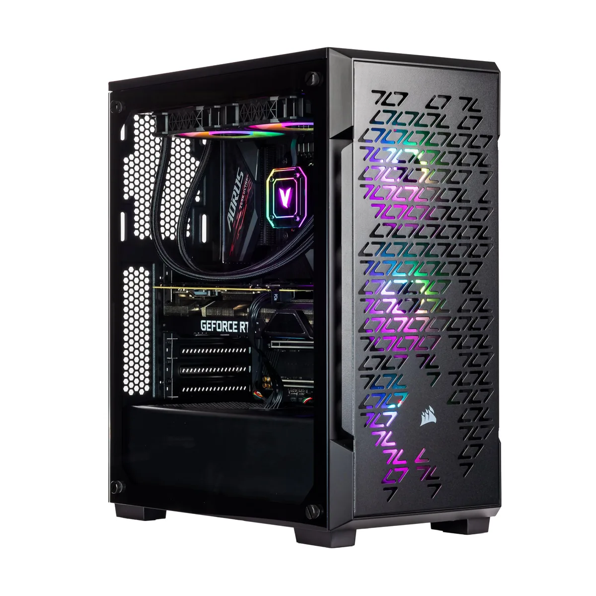 Black mid-tower gaming desktop with RGB liquid cooler and glass side panel