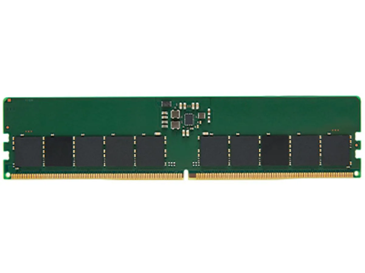 Green 288-pin DDR5 DIMM module with black chips and silver label