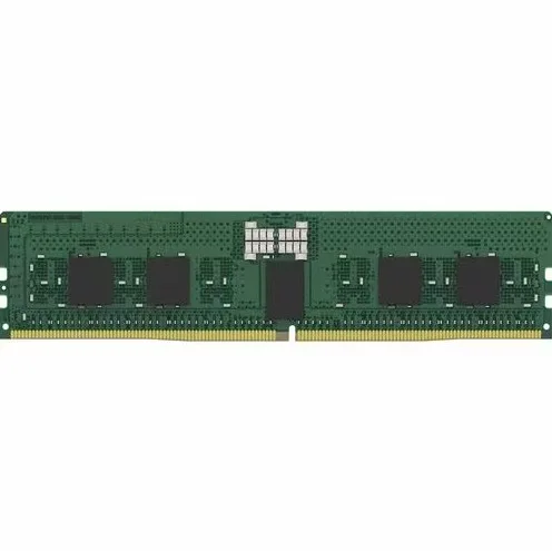 Green rectangular DDR5 RDIMM circuit board with gold edge connectors and black memory chips no heat spreader