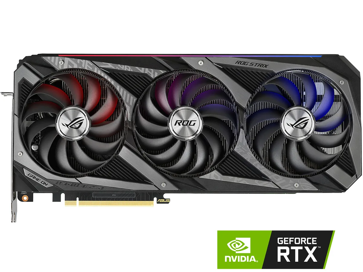 ASUS ROG Strix GeForce RTX 3080 graphics card with triple-fan cooler and metal backplate