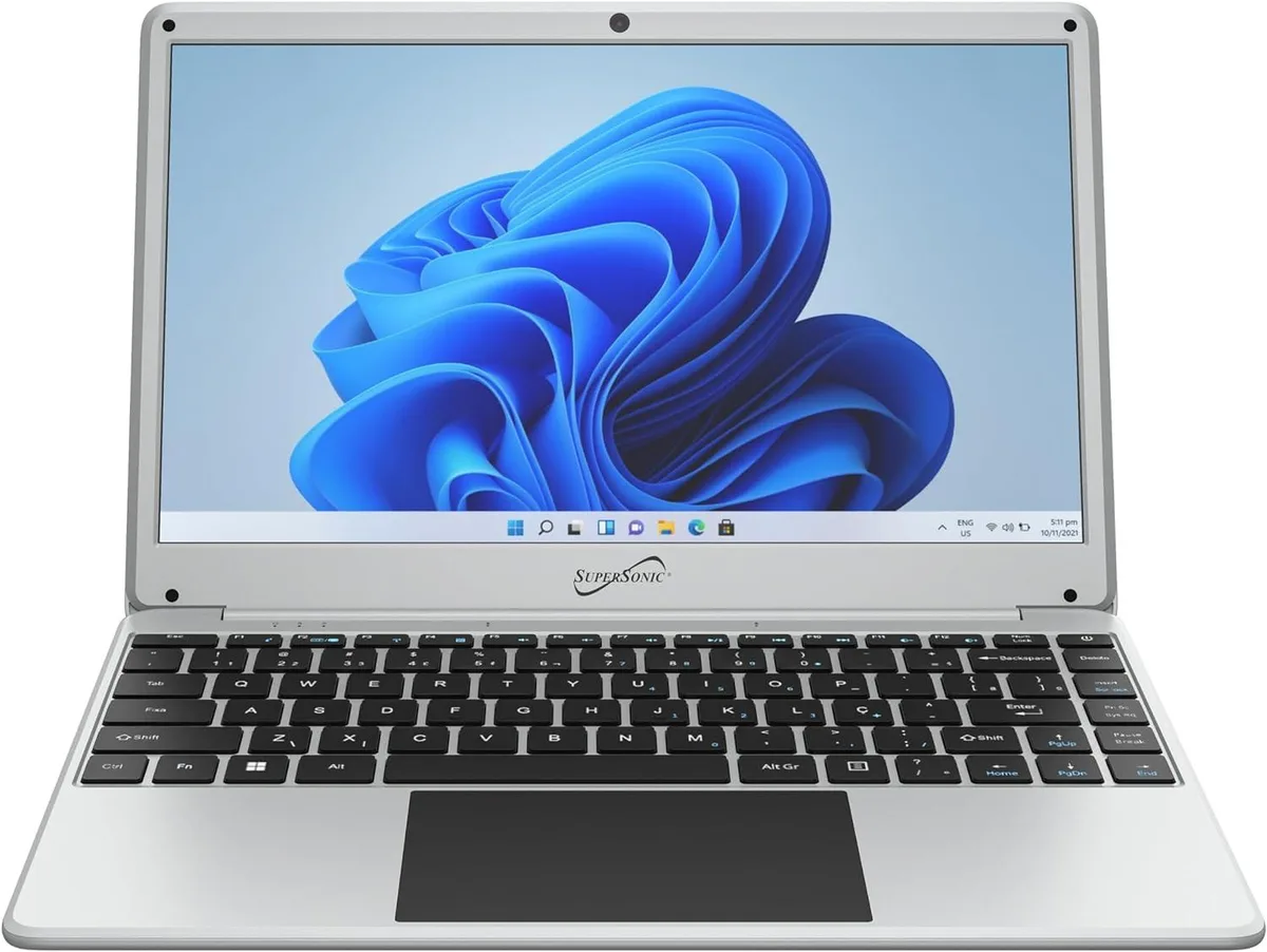 Silver 14 inch laptop with thin bezels and full size keyboard
