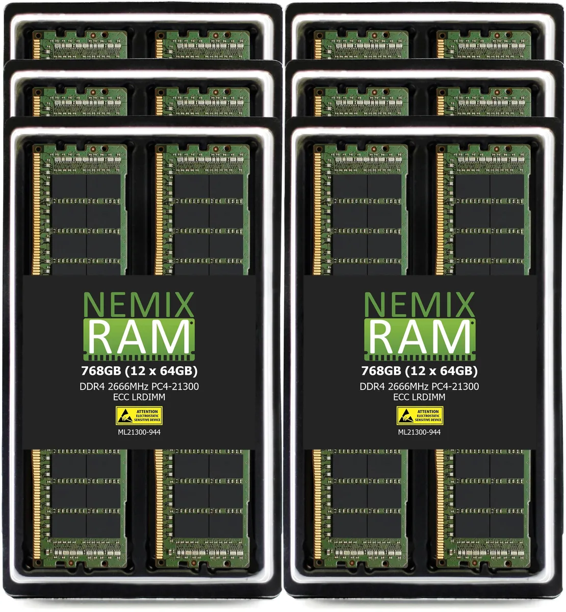 Twelve green DDR4 LRDIMM modules in anti-static tray