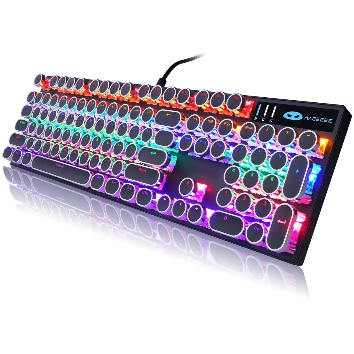 Black full-size mechanical keyboard with round keycaps and RGB backlighting