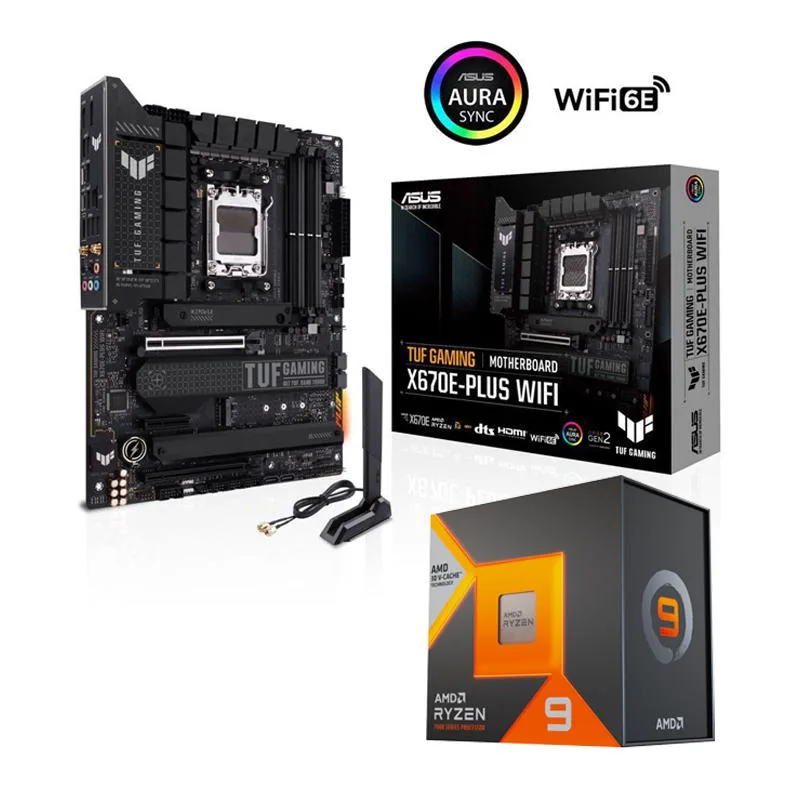 AMD AMD Ryzen 9 7900X3D desktop processor with ASUS TUF GAMING X670E-PLUS WIFI 6E motherboard — photo du produit