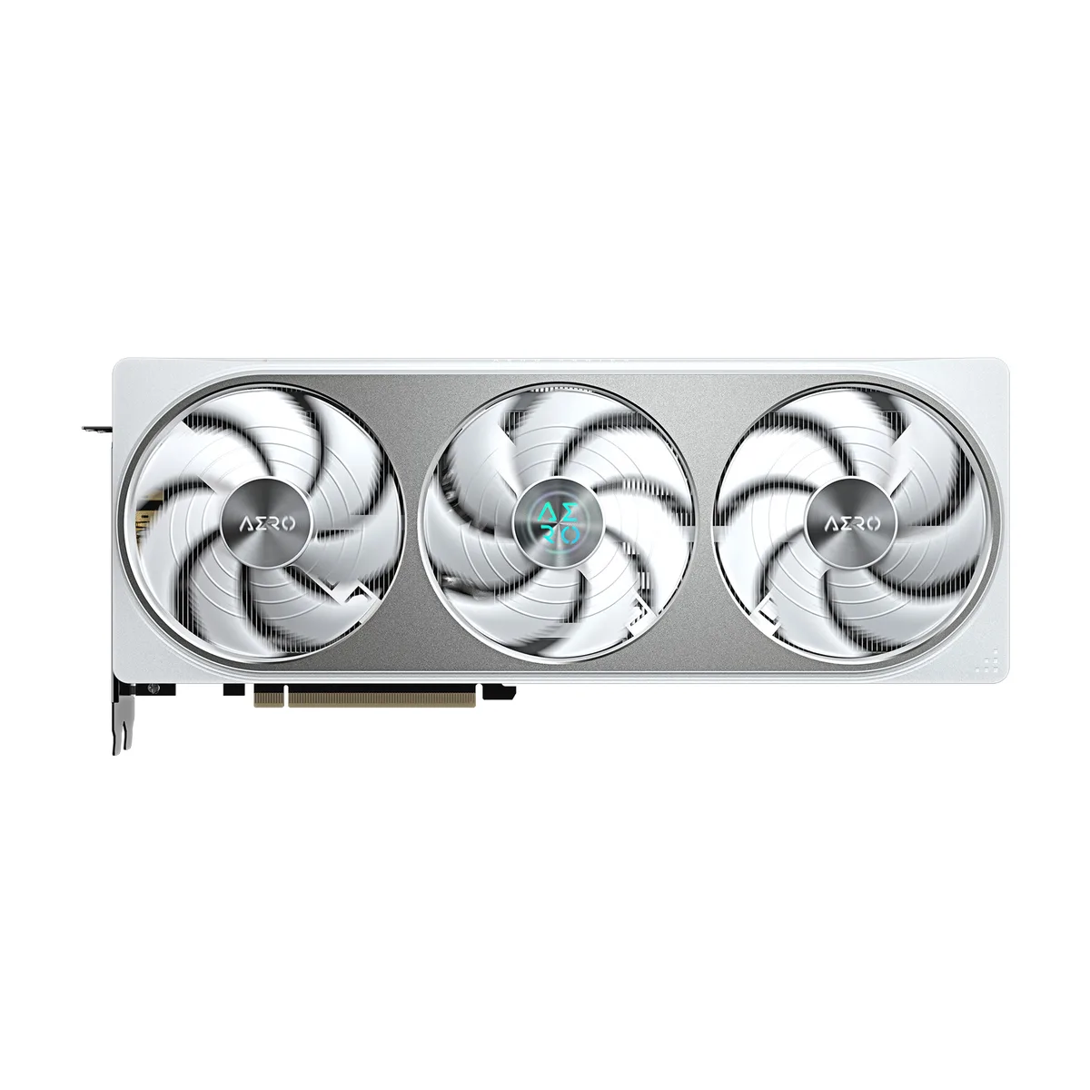 Silver triple-fan graphics card, 324 by 130 by 56 mm