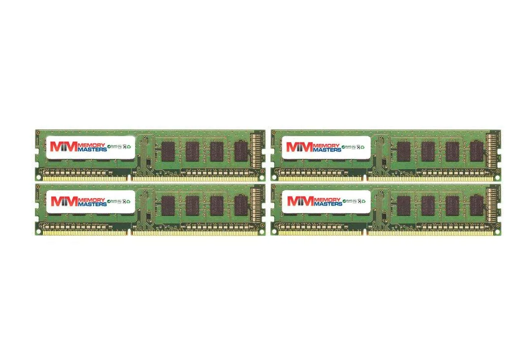 Four green DDR3 desktop memory sticks with gold contacts