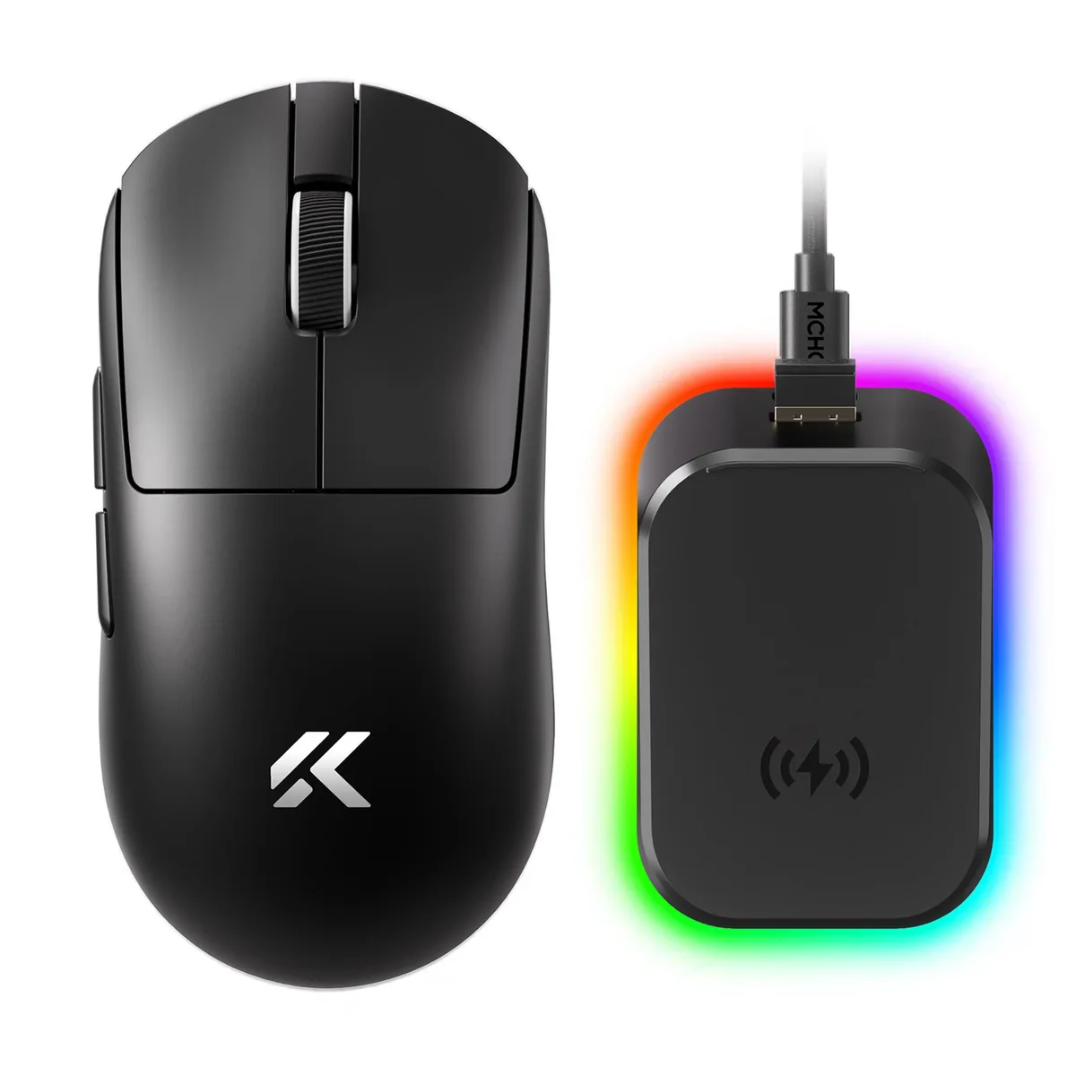 Black right-handed gaming mouse with magnetic charging dock and 16 buttons