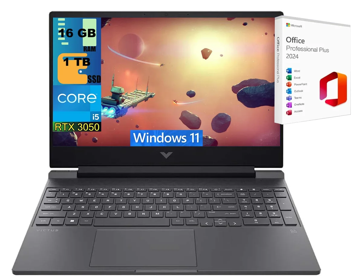 Black HP Victus 15 gaming laptop, 15.6 inch matte display, backlit keyboard, angular chassis