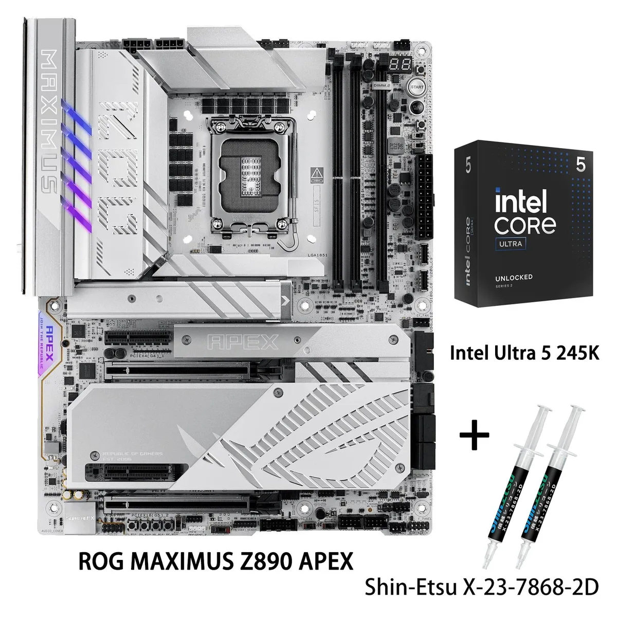 ATX motherboard with silver heatsinks and black PCB, boxed Intel Core Ultra 5 245K CPU beside it