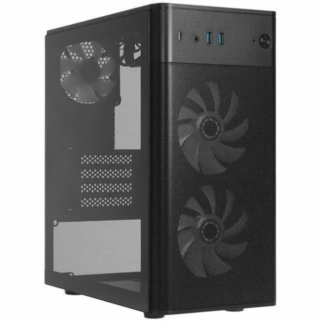 Black micro-tower case with tempered glass side panel and mesh front, 450W PSU installed