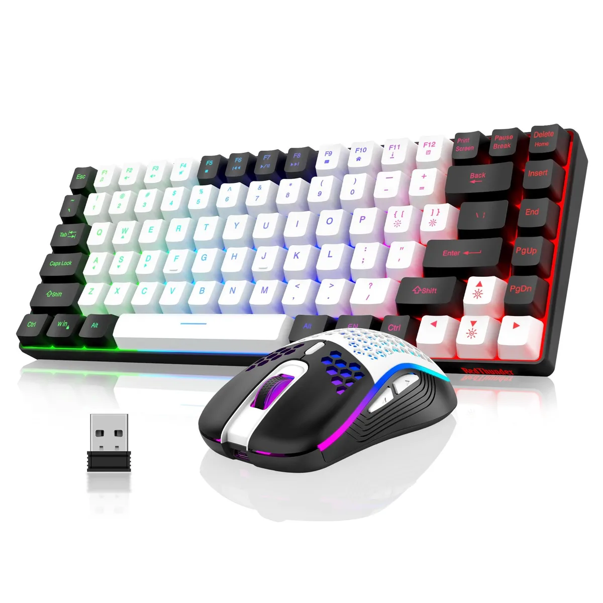 White-black 75% wireless keyboard with 84 keys and lightweight honeycomb mouse