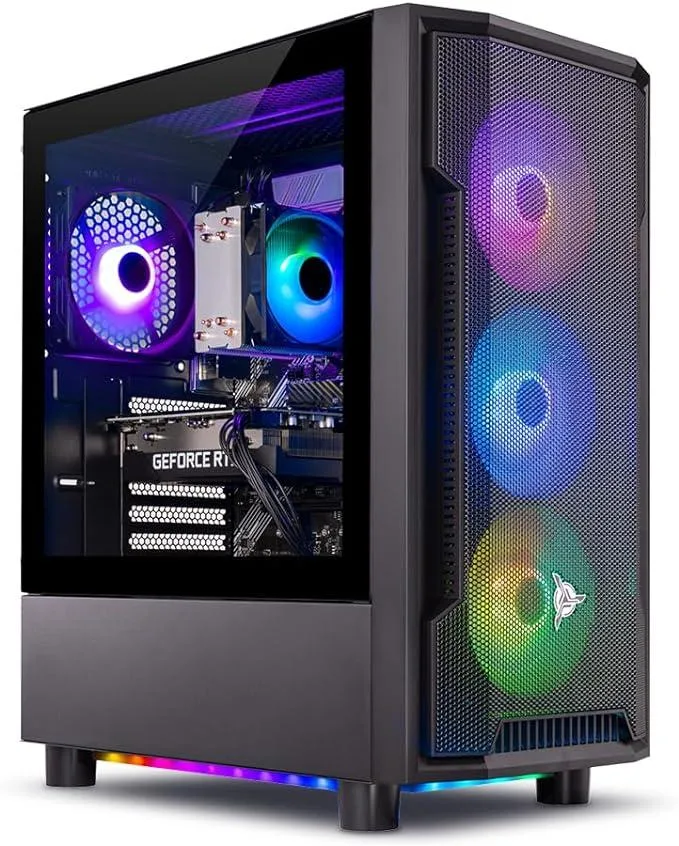Black mid-tower gaming desktop with RGB-lit DDR5 memory visible through a tempered glass side panel
