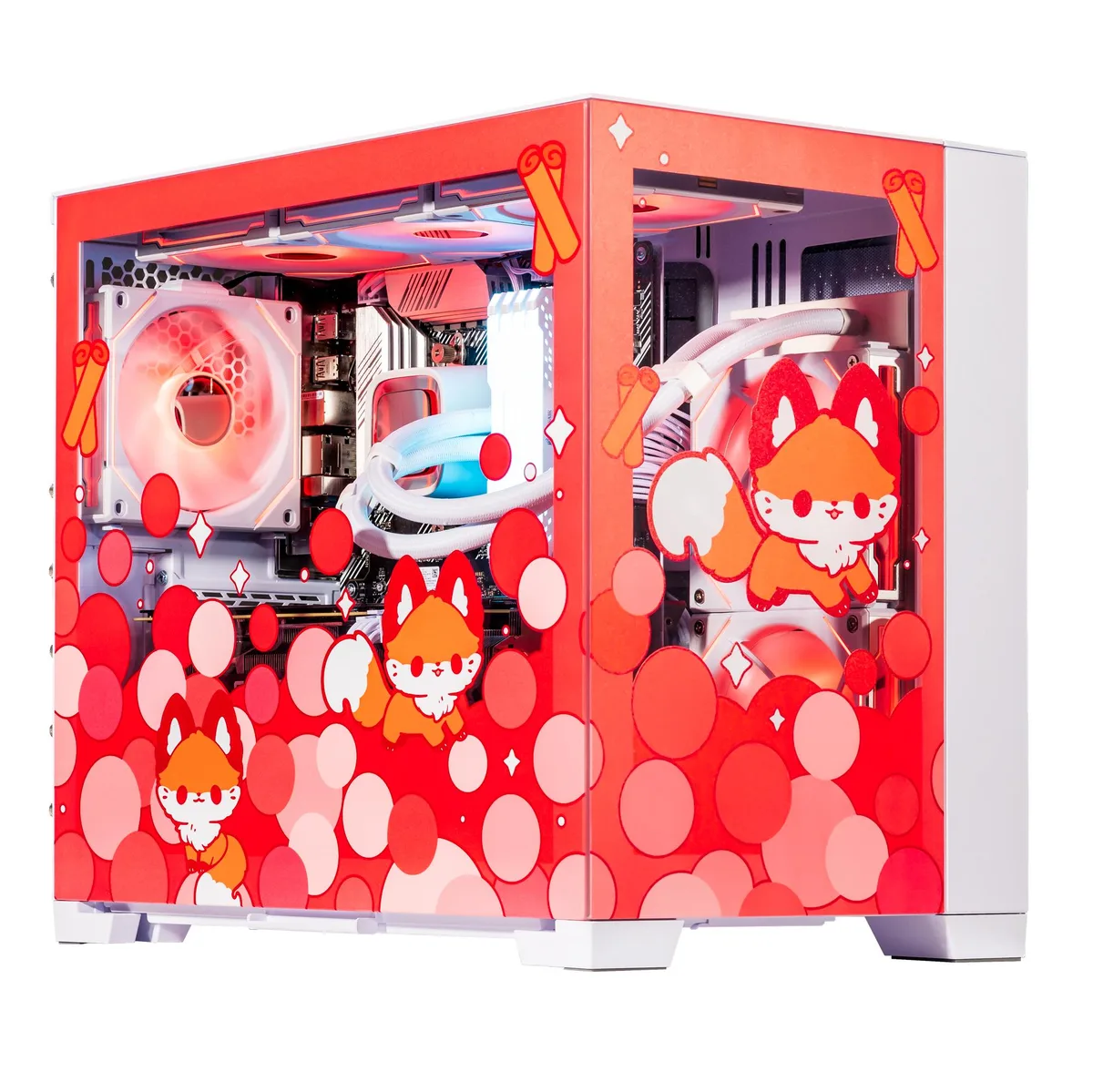Velztorm Cinnamon Fox desktop tower with red RGB liquid cooling visible inside a glass side panel
