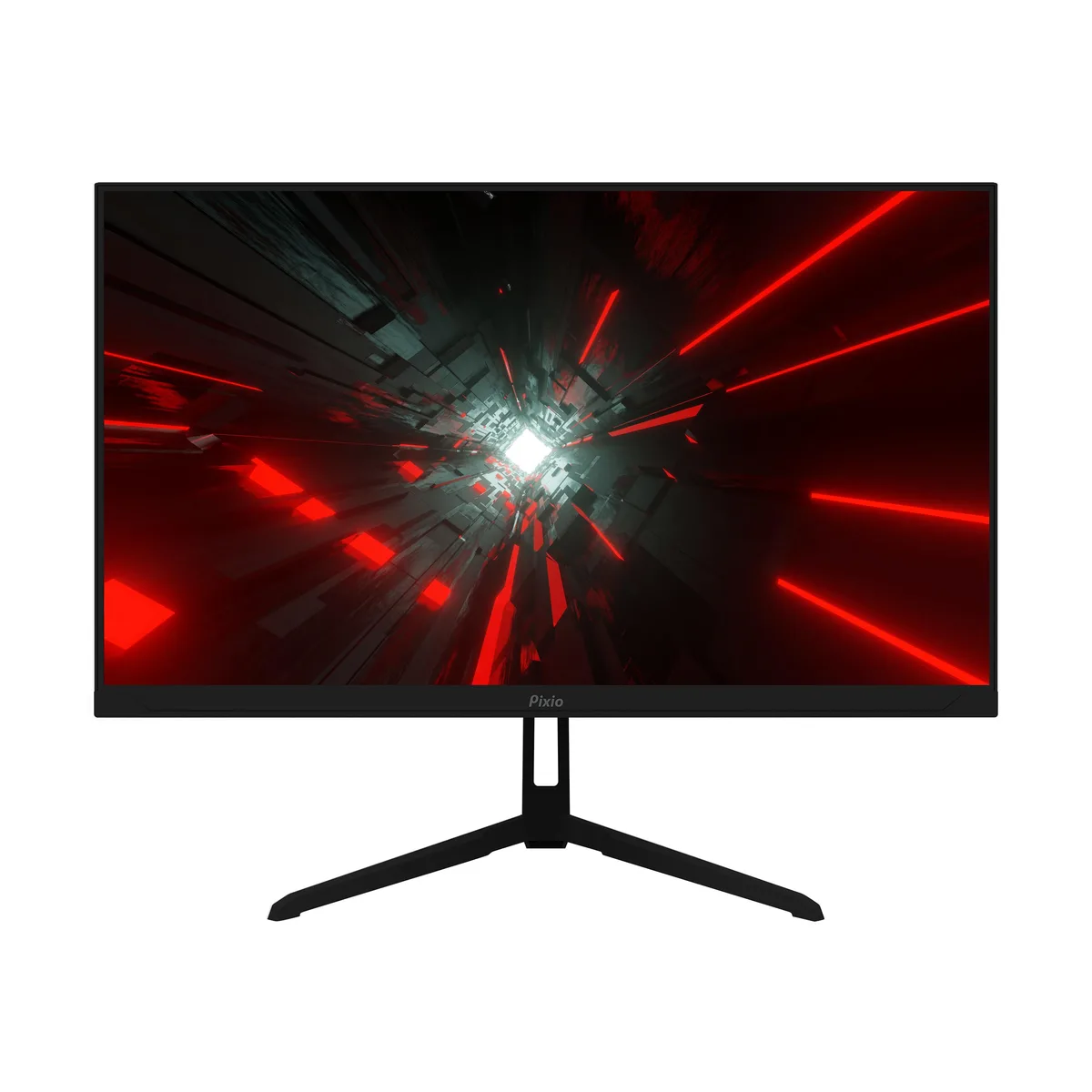 27 inch black gaming monitor with three sided frameless bezel on a stand