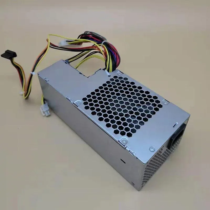 Rectangular black ATX power supply unit with cooling fan and cable connectors