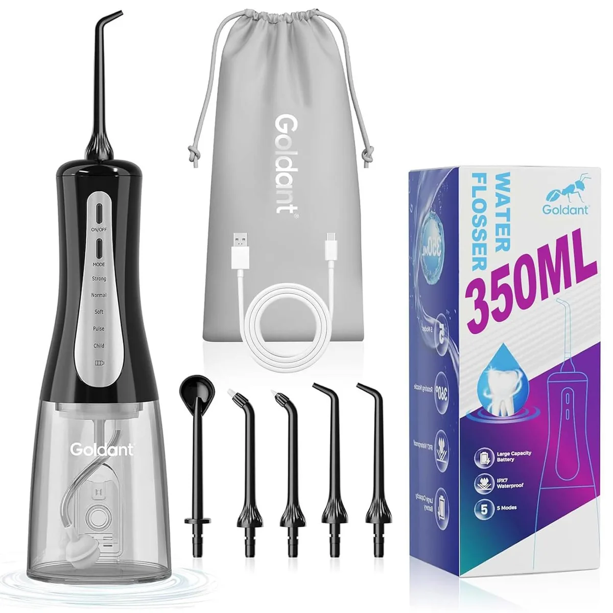  GOLDANT Water Flosser 350ML 5 Modes 5 Tips Black — product photo
