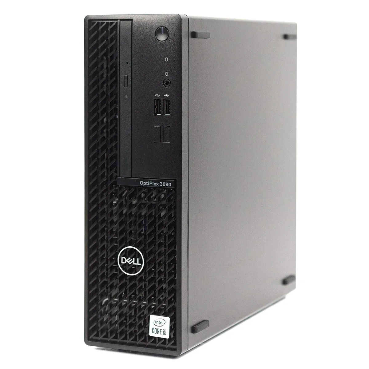 Compact black small-form-factor desktop tower with front USB ports and optical drive bay