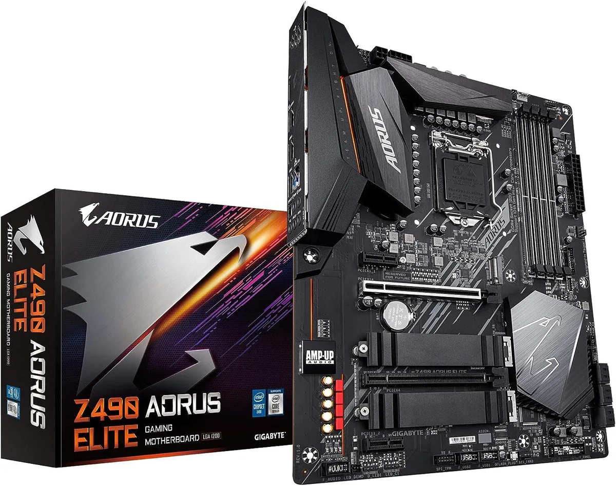 Rectangular ATX motherboard in black with silver heatsinks and RGB lighting zones