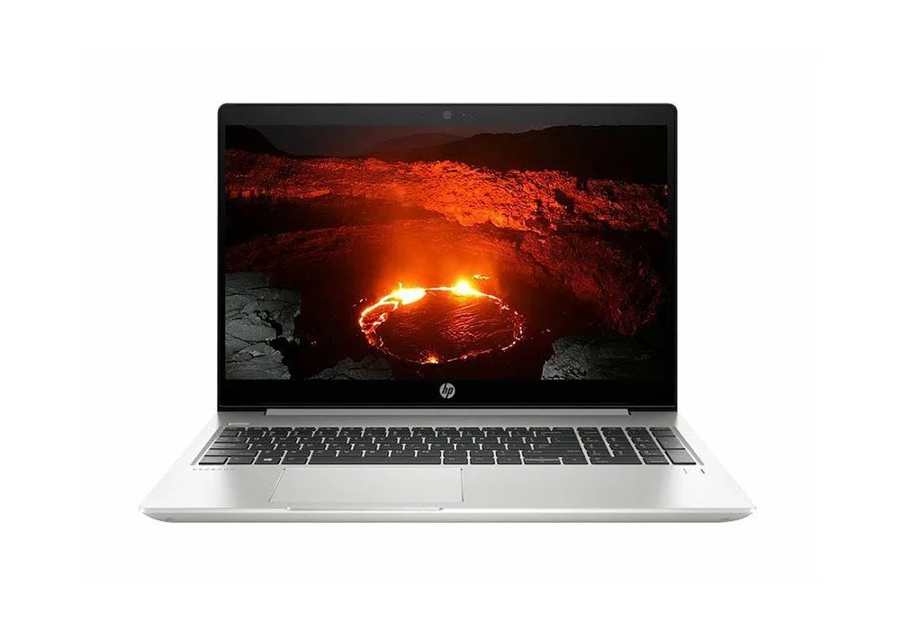 Silver HP ProBook 450 G7 15.6 inch laptop with dent on left corner