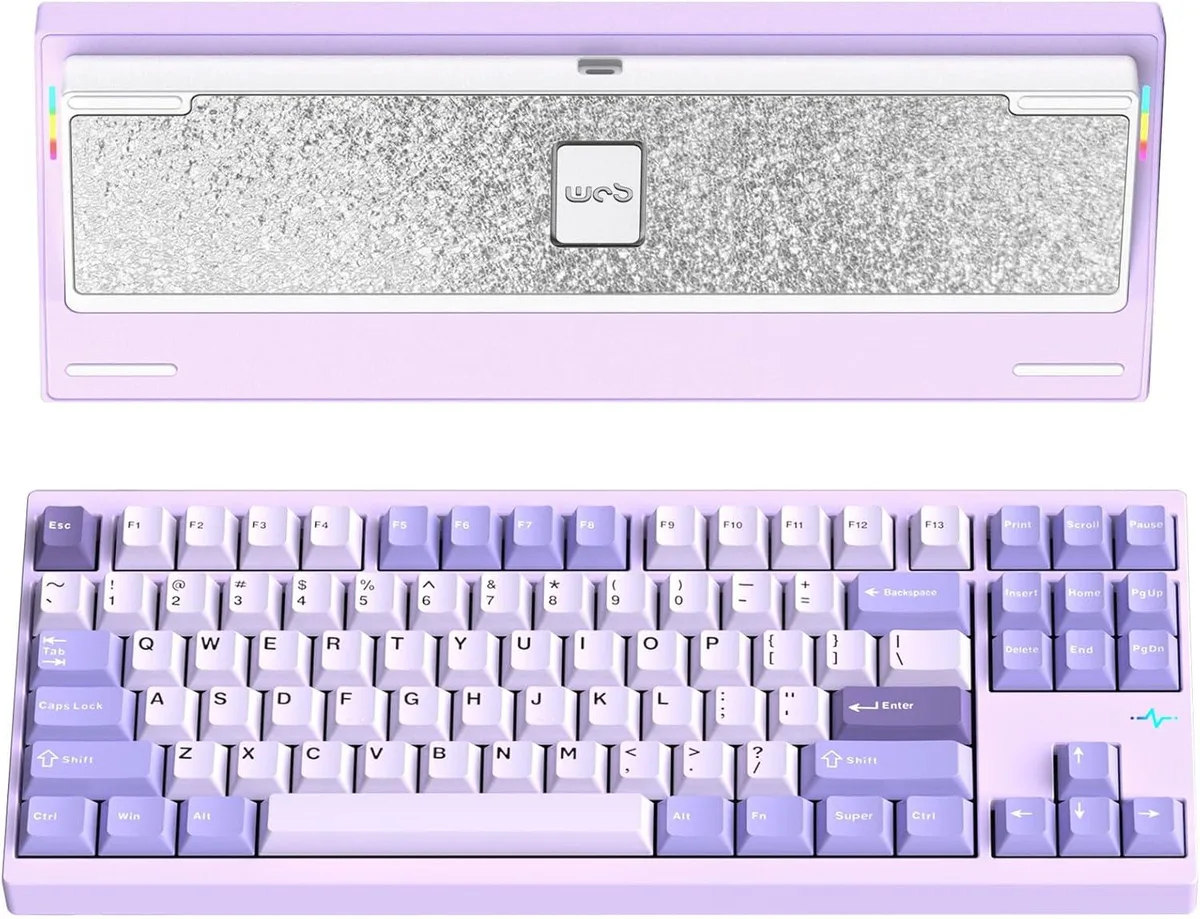 Purple CNC 6063 aluminum gaming keyboard with magnetic ball-catch structure and RGB lighting