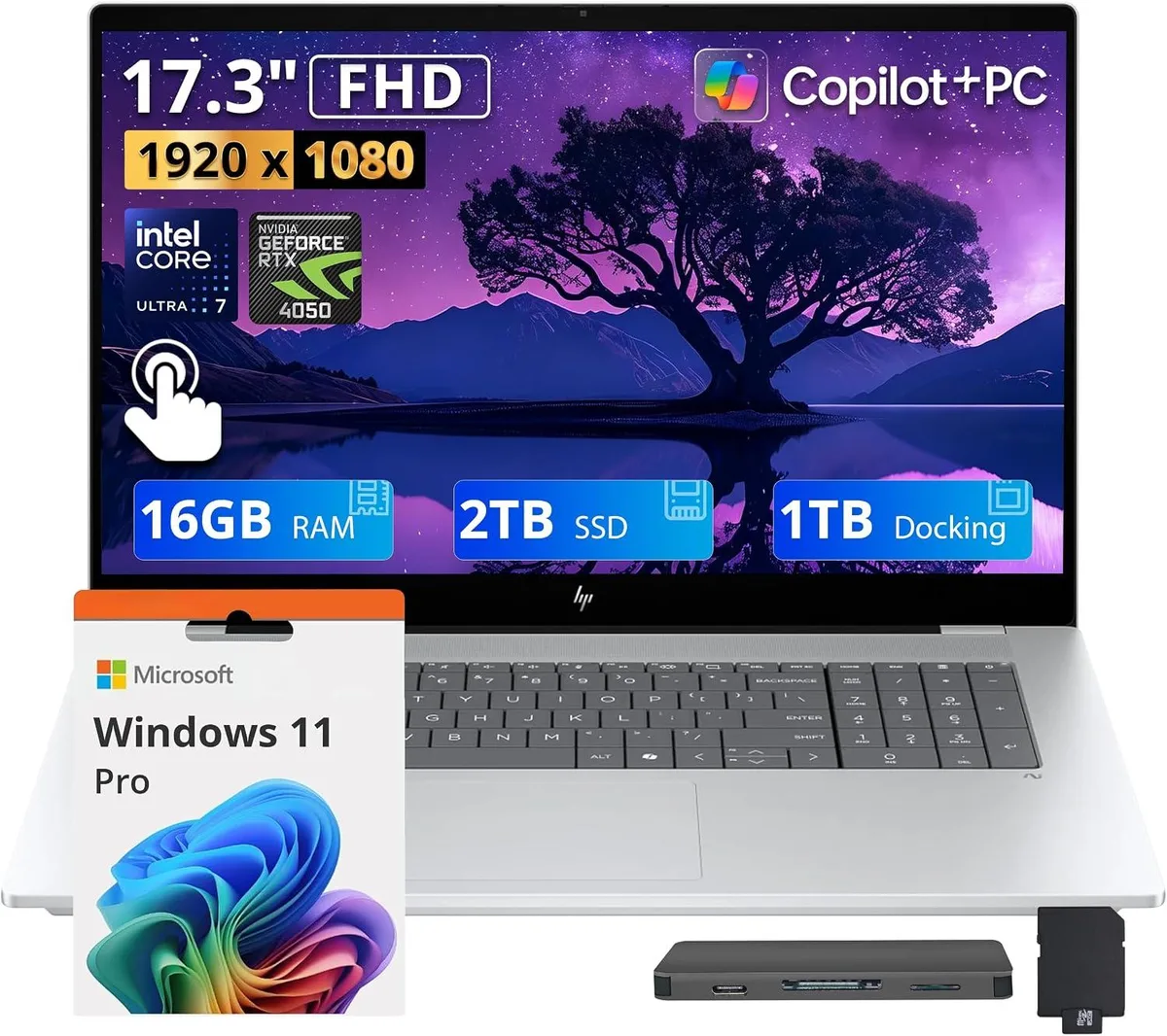 HP HP OmniBook X 17.3" FHD Touchscreen, Core Ultra 7 256V, 16GB DDR5, 2TB SSD + 1TB Dock, RTX 4050, Silver — foto del producto