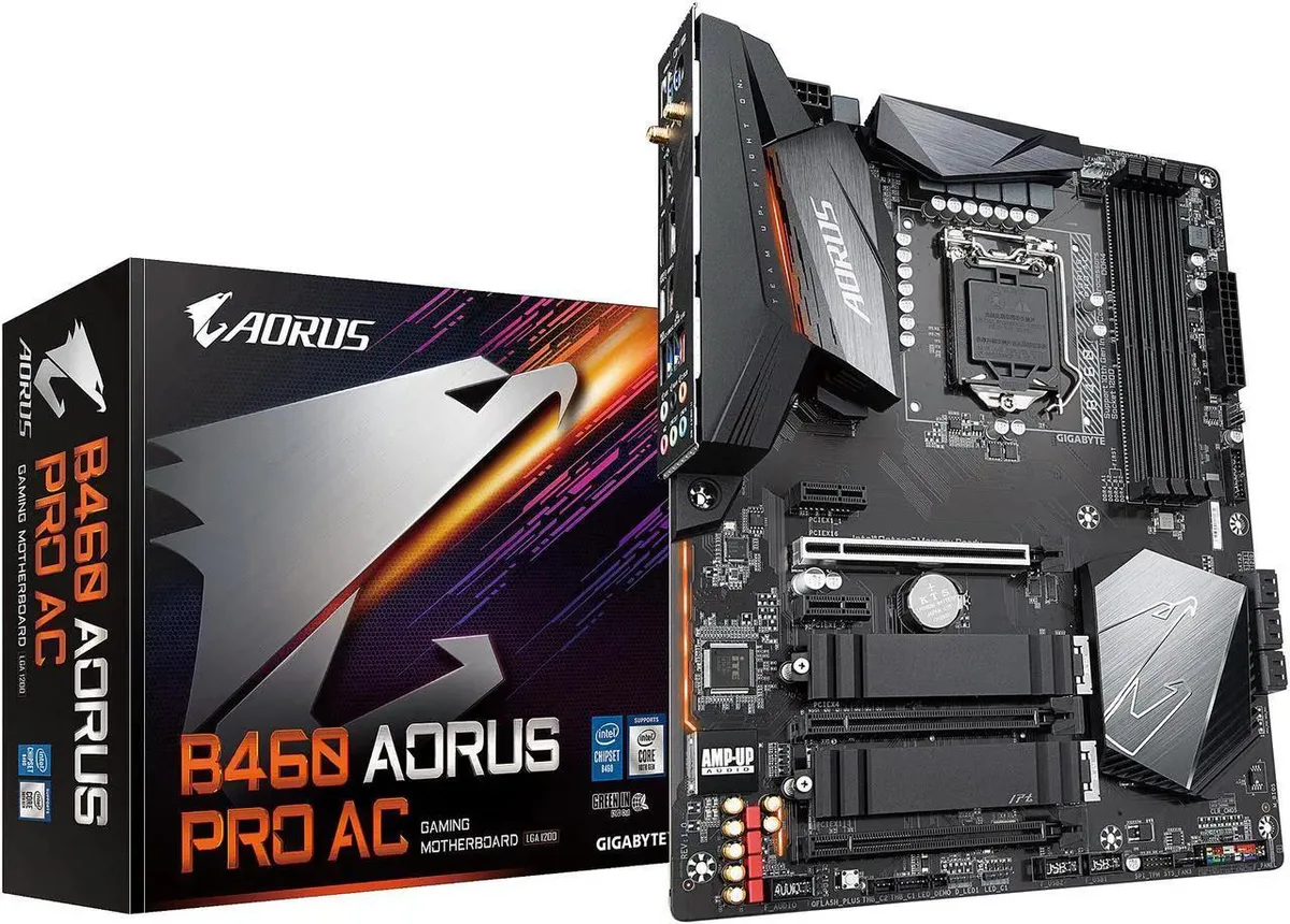 ATX motherboard dark PCB silver heatsinks rear I/O shield installed