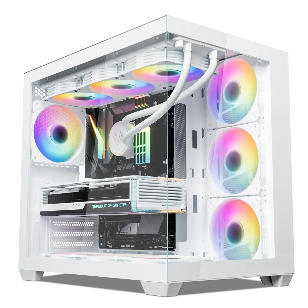 White ATX mid-tower case with 270° tempered glass panels, perforated top and front, rear ARGB fan visible