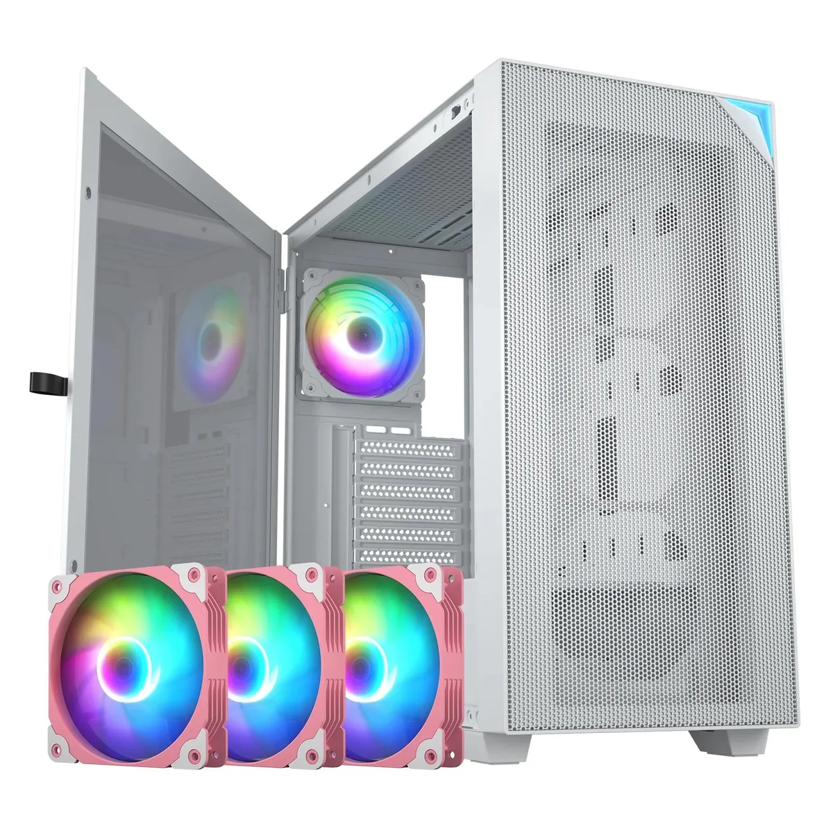 White full-tower case with hinged tempered glass side panel and three pink 120mm ARGB fans visible behind mesh front